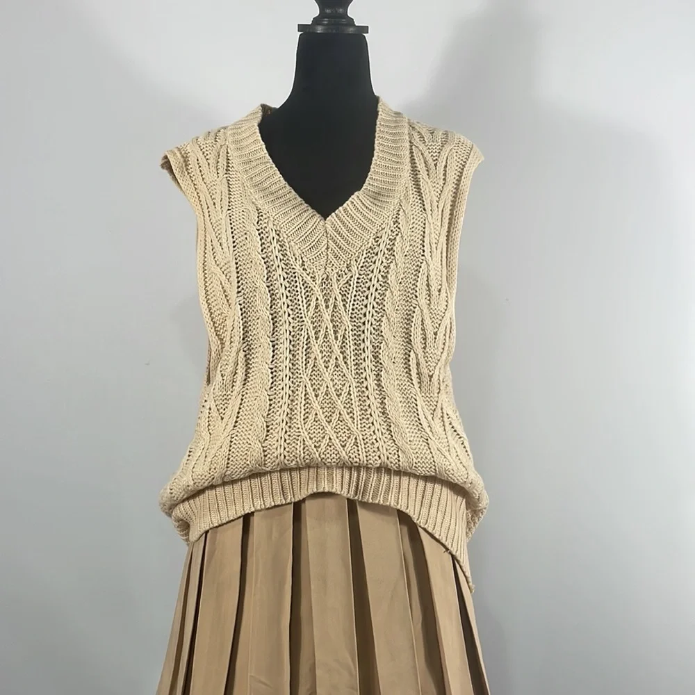 Ivory Sweater Vest,Knit Sweater Vest,Sleeveless Casual Knit,V neck,long,small - Picture 3 of 11